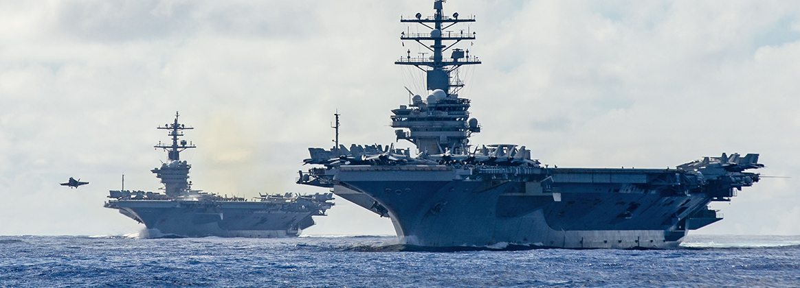 PHILIPPINE SEA (Nov. 6, 2023) The Nimitz-class aircraft carriers USS Carl Vinson (CVN 70) and USS Ronald Reagan (CVN 76) transit the Philippine Sea, Nov. 6, 2023. 